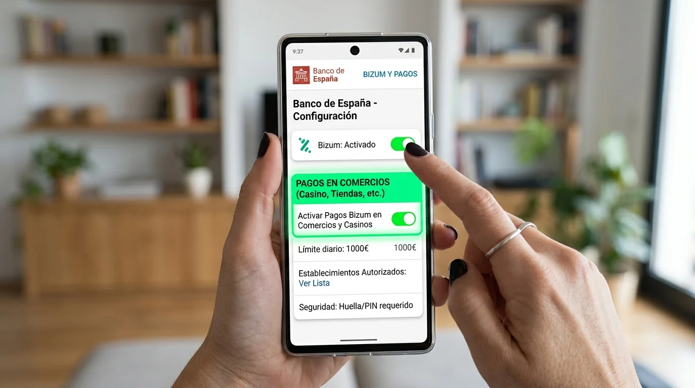 Pantalla de app bancaria con sección de activación de Bizum para comercio