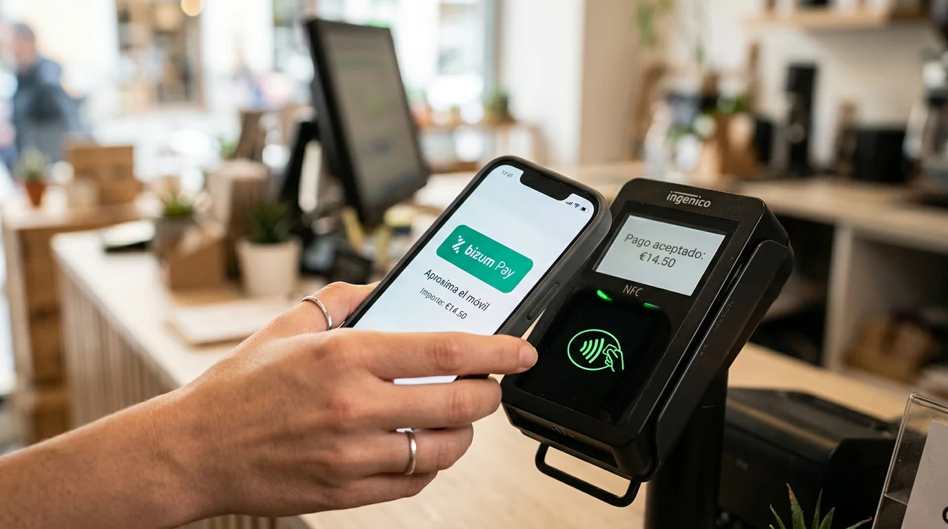 Teléfono móvil con NFC activo junto a terminal de pago y logo de Bizum Pay