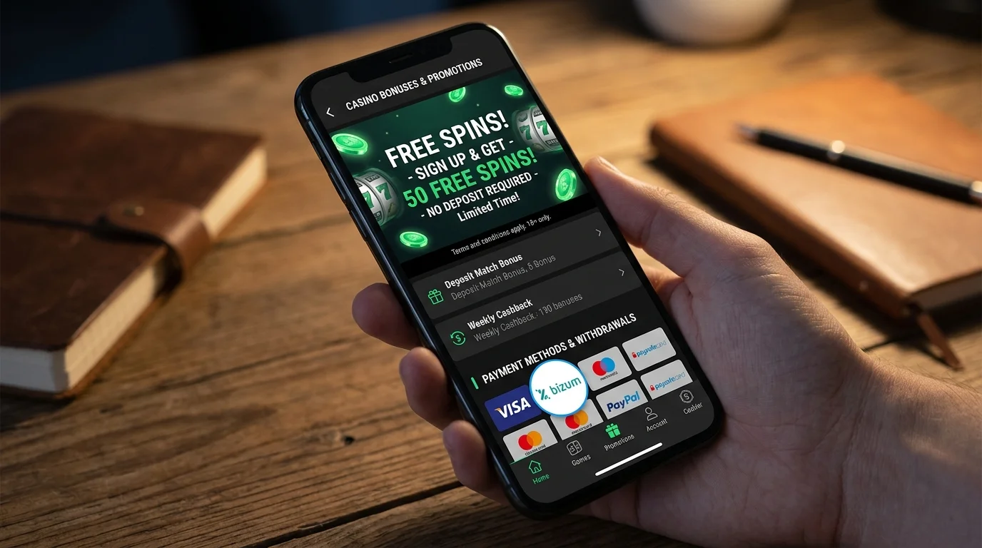 Pantalla de casino online mostrando sección de bonos con icono de Bizum