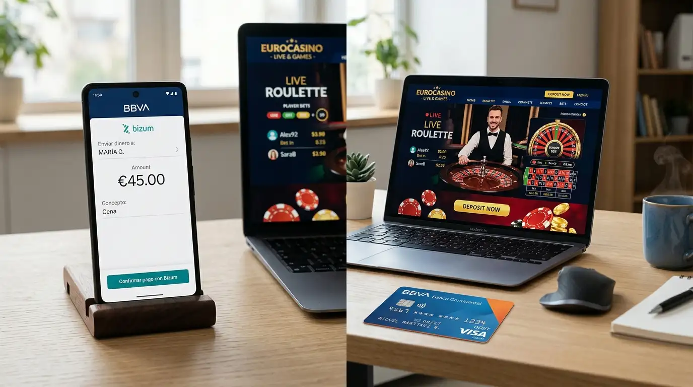Tarjeta bancaria y móvil con Bizum frente a pantalla de casino online