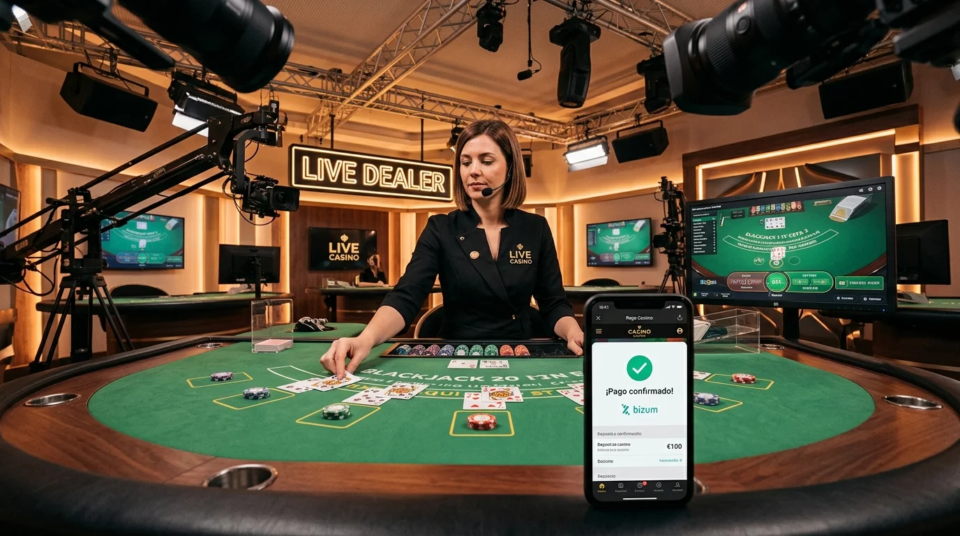 Crupier en directo en mesa de casino con opción de depósito Bizum