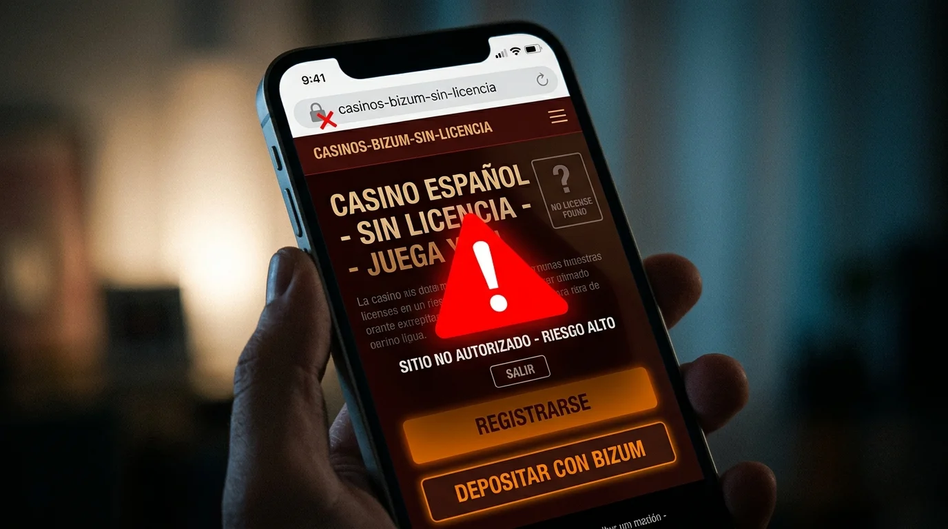Señal de advertencia junto a pantalla de casino online sin licencia DGOJ
