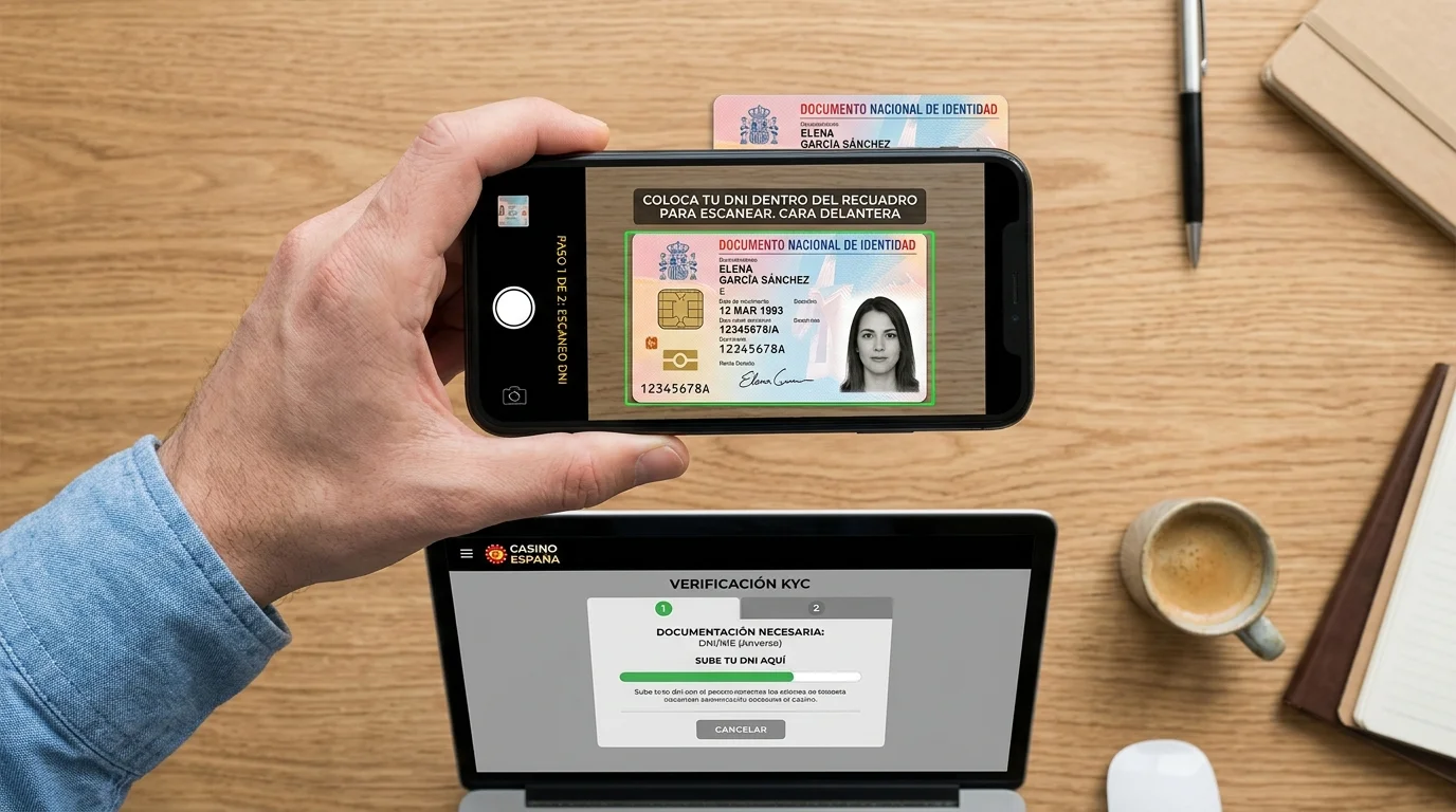 Documento de identidad junto a pantalla de casino online mostrando verificación KYC