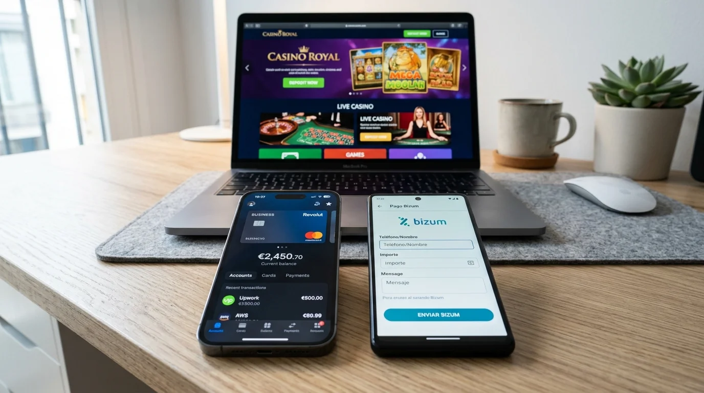 Pantalla de móvil con apps de Revolut y Bizum junto a interfaz de casino online