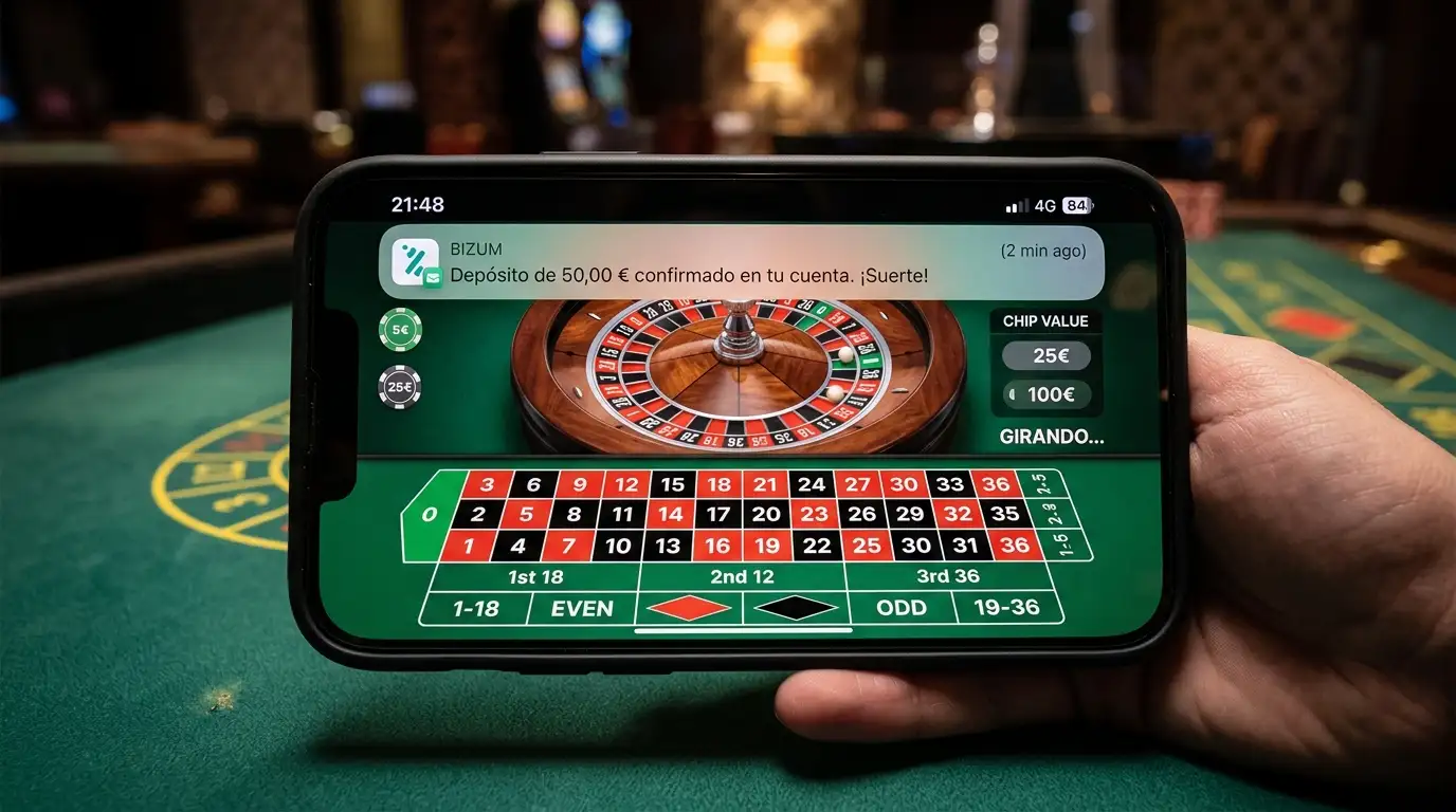 Mesa de ruleta online en pantalla de móvil con opción de depósito Bizum